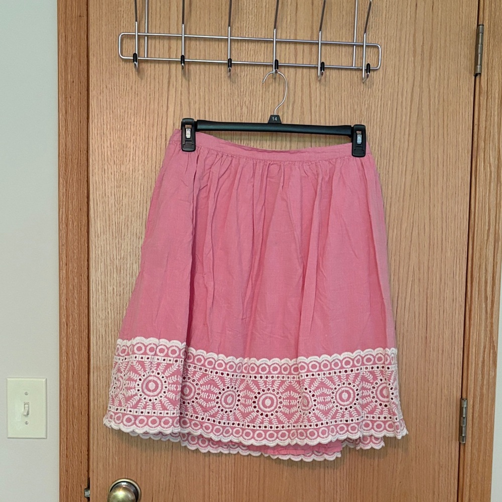 Boden Pink A-Line Skirt with White Lace embroidered trim size 14 long
